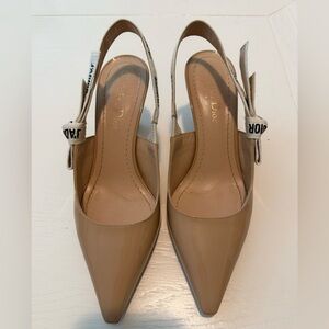 Dior Beige Patent Leather Pointed-Toe Slingback Heels with Logo Bow